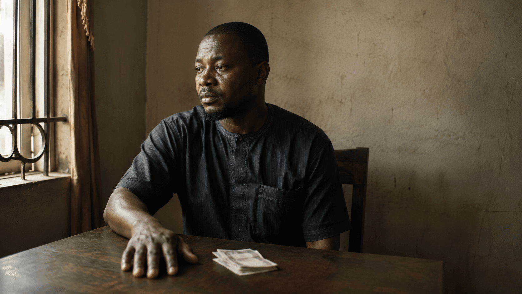 Man sitting at a table with naira notes